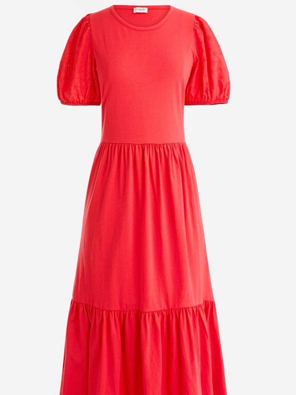 J. Crew “Fit and Flare” Bright Coral-Red Midi Dress with Puff Sleeves | Medium - Picture 2 of 7